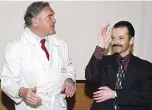  ??  ?? LYON: File photo shows, Professor Jean-Michel Dubernard (L), who had directed the world’s first twohand transplant on Denis Chatelier (R), take part in a press conference, on January 24, 2003 at the Edouard Herriot Hospital in Lyon. —AFP