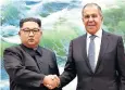  ??  ?? Kim Jong-un, North Korea’s leader, with Russia’s foreign minister Sergey Lavrov