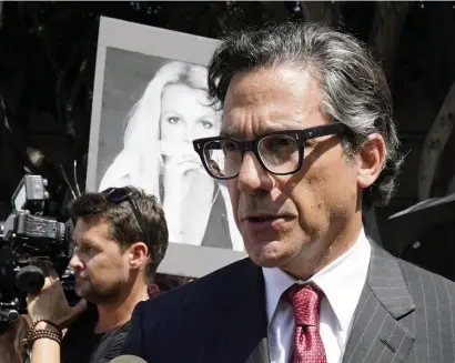  ?? AP ?? GOT HER PICK: Britney Spears' newly appointed lawyer Mathew Rosengart is interviewe­d outside the courthouse on Wednesday.