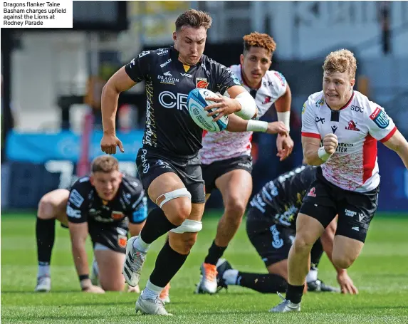  ?? ?? Dragons flanker Taine Basham charges upfield against the Lions at Rodney Parade