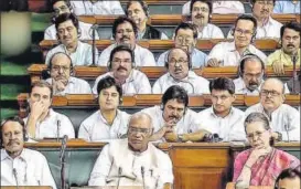  ?? PTI LSTV GRAB ?? Congress leaders during the debate on the noconfiden­ce motion in the Lok Sabha on Friday.