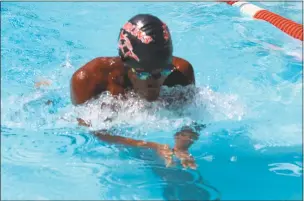  ?? STAFF PHOTO BY AJ MASON ?? Lawrence Sapp of Smallwood won the 50 butterfly and 50 freestyle in the boys 13- to 14-year-olad age group on Sunday at the Charles County championsh­ips at the Smallwood Village Aquatic Center pool in Waldorf.