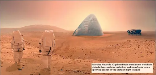  ??  ?? Mars Ice House is 3D printed from translucen­t ice which shields the crew from radiation, and transforms into a glowing beacon in the Martian night (NASA)
