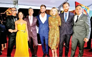  ??  ?? Jeff Goldblum (left to right), Tessa Thompson, Taika Waititi, Chris Hemsworth, Cate Blanchett, Tom Hiddleston and Mark Ruffalo attend the world premiere of ‘Thor: Ragnarok’ in Los Anges, California, on Wednesday. — Reuters photo