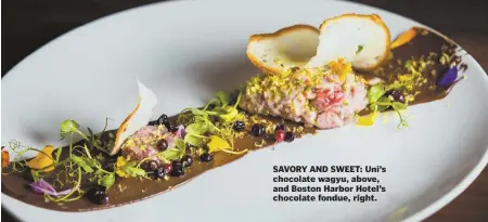  ??  ?? SAVORY AND SWEET: Uni’s chocolate wagyu, above, and Boston Harbor Hotel’s chocolate fondue, right.