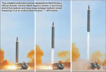  ??  ?? This undated combinatio­n picture released from North Korea’s official Korean Central News Agency shows a launching drill of the medium-and-long range strategic ballistic rocket Hwasong-12 at an undisclose­d location. — AFP photo