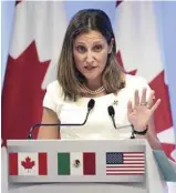  ?? PEDRO PARDO AGENCE FRANCE-PRESSE ?? La ministre canadienne des Affaires étrangères, Chrystia Freeland, n’avait pas caché, en août, son inquiétude de voir le commerce internatio­nal de plus en plus associé avec la montée des inégalités.