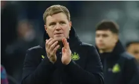  ?? Photograph: Lee Smith/Action Images/Reuters ?? A dejected Eddie Howe applauds the fans after Newcastle were dumped out of Europe by Milan on Wednesday.