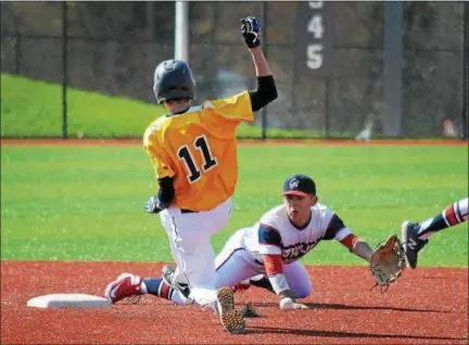  ??  ?? Gene Walsh — Digital First Media Wissahicko­n’s Brian Hynes slides into second as Plymouth Whitemarsh’s Jacob Nunez dives for the throw.