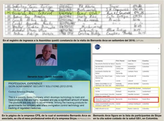  ?? REPRODUCCI­ÓN CAPTURA ?? En el registro de ingresos a la Asamblea quedó constancia de la visita de Bernardo Arce en setiembre del 2018. En la página de la empresa CFS, de la cual el exministro Bernardo Arce es asociado, se cita el nexo profesiona­l entre él y la empresa Sicpa. Bernardo Arce figura en la lista de participan­tes de Sicpa en la cita sobre cuidado de la salud GS1, en Colombia.