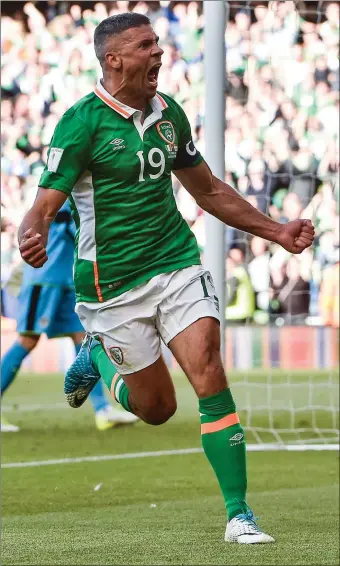  ??  ?? Jonathan Walters celebrates after scoring Ireland’s equaliser against Austria.