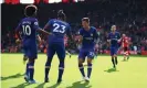  ??  ?? Michy Batshuayi of Chelsea celebrates with Christian Pulisic, who came off the bench to provide an assist for Chelsea’s fourth goal. Photograph: Julian Finney/