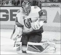  ?? AP PHOTO/MARCIO JOSE SANCHEZ ?? Vegas Golden Knights goaltender Marc-Andre Fleury stops a shot by the San Jose Sharks during the first period of Game 6 of an NHL hockey secondroun­d playoff series Sunday in San Jose, Calif.