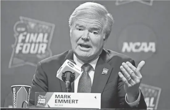  ??  ?? NCAA President Mark Emmert : “We’ve got 1,100 different schools that participat­e in NCAA sports . ... So, to me, it’s not if a student comes down with the virus, it’s when.”