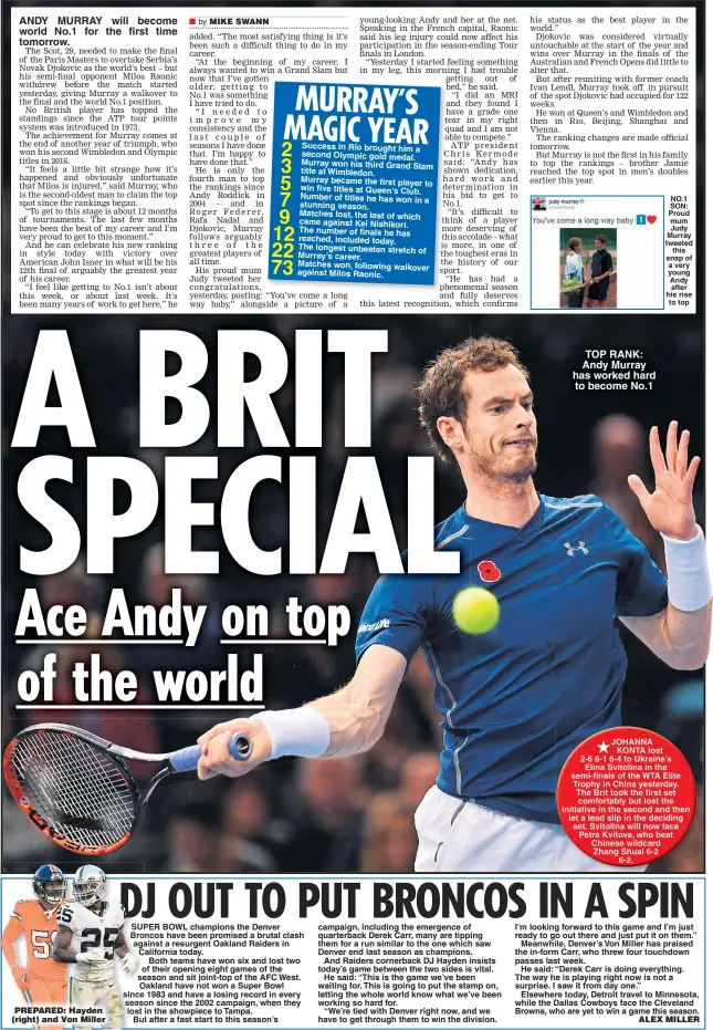  ??  ?? ANDY MURRAY will become world No.1 for the first time tomorrow. TOP RANK: Andy Murray has worked hard to become No.1