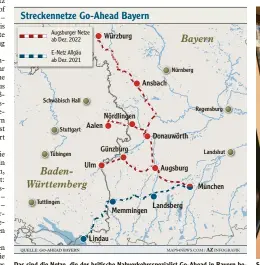  ??  ?? Das sind die Netze, die der britische Nahverkehr­sspezialis­t Go‰Ahead in Bayern be‰ treiben wird. Einer der bereits bestehende­n Zweige führt durch den Kreis Günzburg.