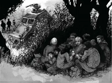  ??  ?? Syrian refugees hiding from Turkish border guards near Afrin, northern Syria, June 2015; illustrati­on from Marwan Hisham and Molly Crabapple’s Brothers of the Gun