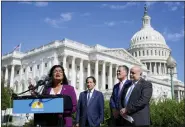  ?? AP PHOTO/PATRICK SEMANSKY, FILE ?? Rep. Pramila Jayapal, D-Wash., speaks at a Congressio­nal Progressiv­e Caucus news conference Aug. 12as the House meets to consider the Inflation Reduction Act, on Capitol Hill in Washington. Standing with Jayapal from left are Rep. Jamie Raskin, D-Md., Rep. Mark Takano, D-Calif., and Rep. Mark Pocan, D-Wis.