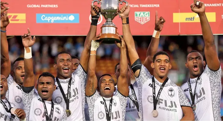 ?? ?? The Fiji Airways Fijian 7s team celebrate a victory during one of the World Sevens Series tournament in 2019.