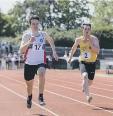  ?? ?? Harrison Pocock, left, in the senior men's 200m