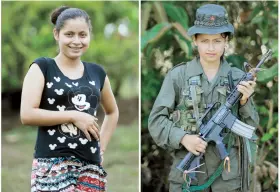  ??  ?? En esta combinació­n de imágenes, la guerriller­a de las FARC Mayerly Muñoz muestra su embarazo de 32 semanas, junto a una fotografía tomada en agosto pasado en un campo en la selva.