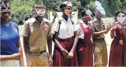  ??  ?? The finalists in the mask challenge. The eventual winner, Kevorn Callum of Ferncourt High School in St Ann, is second from left.