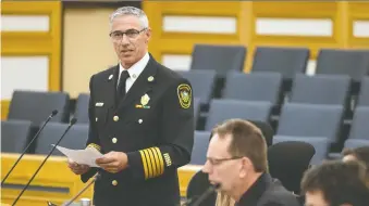  ?? MATT SMITH ?? Fire Chief Morgan Hackl speaks at city council on Tuesday about security plans at the STC wellness centre. He says the approach there will be similar to what's in place around the Lighthouse shelter.