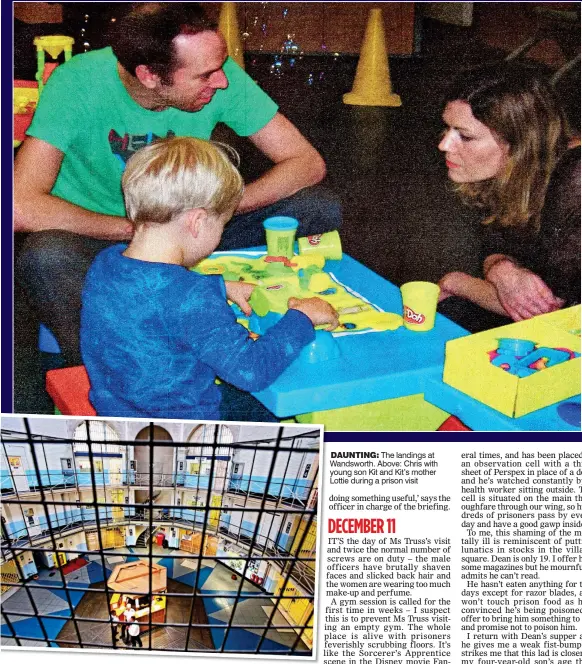  ??  ?? daunting: The landings at Wandsworth. Above: Chris with young son Kit and Kit’s mother Lottie during a prison visit