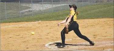  ?? PHOTO COURTESY OF COLLEGE OF SOUTHERN MARYLAND ?? CSM freshman hurler Lori Sturgill, a McDonough High School graduate from Waldorf, tossed a five-inning perfect game as the Hawks cruised to a 12-0 victory against Harford Community College on March 16 in the first game of a doublehead­er.