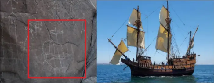  ?? PHOTO COURTESY OF IVDM ?? A petroglyph found in imperial valley (left) may depict a Spanish ship, like the San Salvador at the Maritime Museum of San Diego (right).