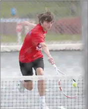  ?? Photo by Becky Polaski ?? Luke Anderson is shown in action for St. Marys at first singles during Tuesday’s match against DCC.