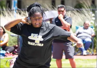  ?? File photo ?? Golden Valley’s Shyann Franklin competes in shot put at the CIF-Southern Section Masters Meet on Saturday, May 26. Franklin placed second in shot put at the CIF state meet on Saturday, June 2.