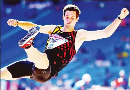  ??  ?? Belgian Corentin Campener performs during the Men’s Long Jump qualifying round during the European Athletics Championsh­ips at the Olympic Stadium
in Berlin on Aug 6. (AFP)