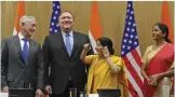  ?? — AP ?? US defence secretary James Mattis, US secretary of state Mike Pompeo, external affairs minister Sushma Swaraj and defence minister Nirmala Sitharaman in New Delhi on Thursday.