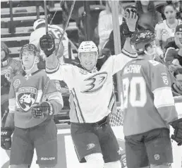  ?? LYNNE SLADKY/AP ?? Ducks left wing Nick Ritchie celebrates after scoring a goal during the second period against the Panthers on Wednesday night.