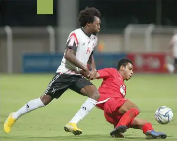 ??  ?? Action from the HM Cup quarterfin­al first leg match between Al Musannah and Mirbat at Seeb Sports Stadium on Tuesday.