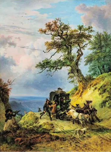  ?? BILD: SN/KUNSTHANDE­L GIESE & SCHWEIGER ?? Friedrich Gauermann, „Überfall auf die Pferdekuts­che“, 1831, Öl auf Holz, 72 x 54,5 cm, links unten signiert und datiert mit „F. Gauermann 1831“.