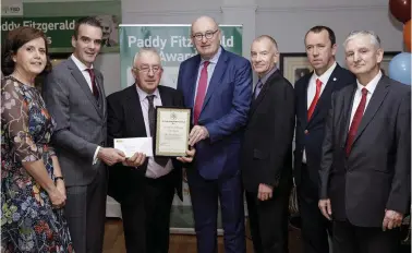  ??  ?? Receiving his award at the 2018 Paddy Fitzgerald Awards is Dan O’Riordan from Millstreet who was the Cork Central IFA representa­tive. Left to right; Fiona Muldoon, CEO FBD Insurance, IFA President Joe Healy, Dan O’Riordan {Recipient}, EU Commission­er Phil Hogan, Cork Central IFA County Chairman Harold Kingston, Martin Stapleton, IFA Farm Business Chairman, Jeff Bray, FBD.