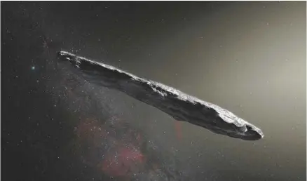  ?? M. KORNMESSER OBSERVATOI­RE DU SUD DE L’EUROPE/AGENCE FRANCE-PRESSE ?? Rendu artistique de l’astéroïde Oumuamua, qui est passé dans l’orbite de Mars vers le 1er novembre.