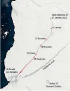  ?? ESA/WASHINGTON POST ?? Satellite imagery shows the cracks in the Brunt Ice Shelf up to February 12 as a red line. A huge iceberg has since broken away from the shelf.