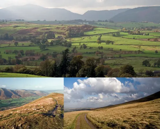  ??  ?? [Captions clockwise from top] Looking west from above Wanthwaite at the start of the walk, with Grisedale Pike dominant in the distance; The track known as the old coach road makes for a quick and easy way into the hills on the east side of St John’s in the Vale; The view north-east along the summit ridge of Clough Head with pudding-shaped Souther Fell in the centre distance