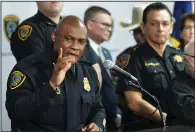  ?? (AP/Houston Chronicle/Brett Coomer) ?? Police Chief Troy Finner speaks to the media in the aftermath of the shooting at Lakewood Church during a news conference at police headquarte­rs on Monday in Houston.