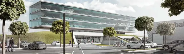  ?? Illustrati­on: Robatherm ?? So soll das neue Verwaltung­sgebäude von Robatherm aussehen. Die Planung begann im Frühjahr 2016, die Bauarbeite­n im Mai 2017. Ein Masterplan aus 2010 sieht das Gebäude bereits vor.