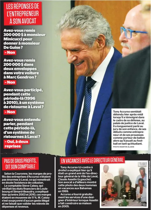  ?? PHOTO MARTIN ALARIE ?? Tony Accurso semblait détendu hier après-midi lorsqu’il a témoigné dans le cadre de sa défense, au palais de justice de Laval. Il a longuement parlé au jury de son enfance, de ses débuts comme entreprene­ur et de ses prouesses comme porteur de ballon alors qu’il jouait au football en tant qu’étudiant.