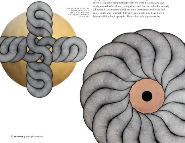  ??  ?? LEFT: AS ABOVE, SO BELOW. BELOW RIGHT: INSIDE THE VORTEX. BOTH INK AND METALLIC PAINT ON COTTON RAG