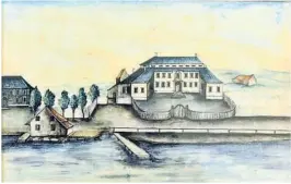  ?? AKVARELL AV A.U. HERSLEB ?? KAMMERHERR­EGÅRDEN: Den lå der Rådhuset ligger i dag og ble oppført av Joen Jacobsen i årene 1763–64.