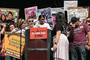  ?? (AP Photo/Eric Gay) ?? Robb Elementary school shooting survivor Caitlyne Gonzales, center, tries to hold back tears as she speaks to other advocates gathered Tuesday at the Texas Capitol in Austin to call on Texas lawmakers to strengthen Texas' gun laws.