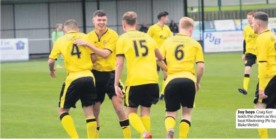  ??  ?? Joy boys Craig Kerr leads the cheers as Vics beat Kilwinning (Pic by Blake Welsh)