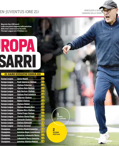  ?? ANSA ?? Maurizio Sarri (60 anni) è alla sua prima stagione sulla panchina della Juve L’anno scorso ha vinto l’Europa League con il Chelsea