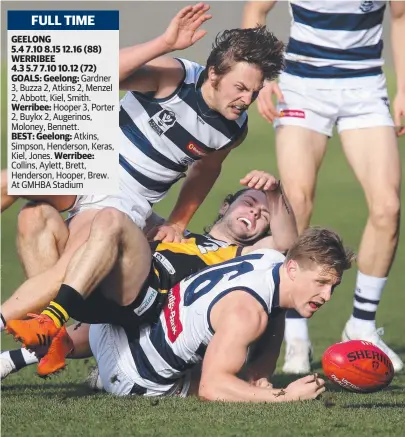  ?? Picture: GLENN FERGUSON ?? NO SURPRISE: Scott Selwood at the bottom of the pack in the Cats’ VFL win over Werribee.